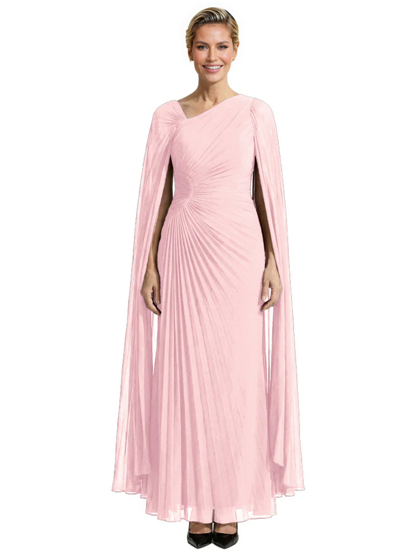 Elegant Asymmetric Neck Long A-Line Chiffon Mother of the Brides Dresses Mom Outfit with Cape