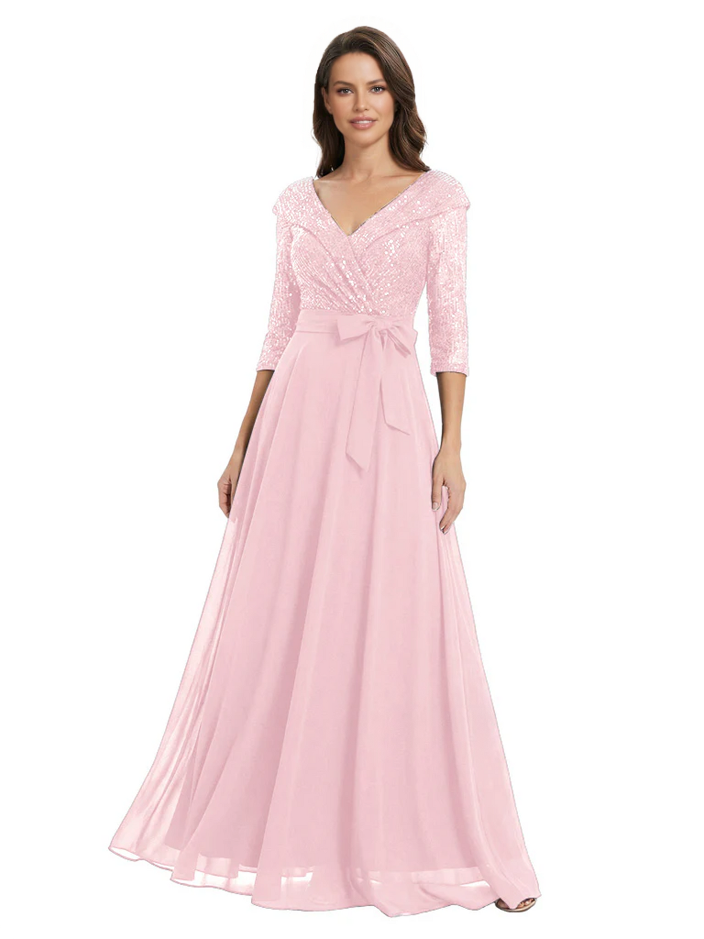 Chiffon Mother of the Bride Dress with Sequin V-Neck and Elegant Bow Sash