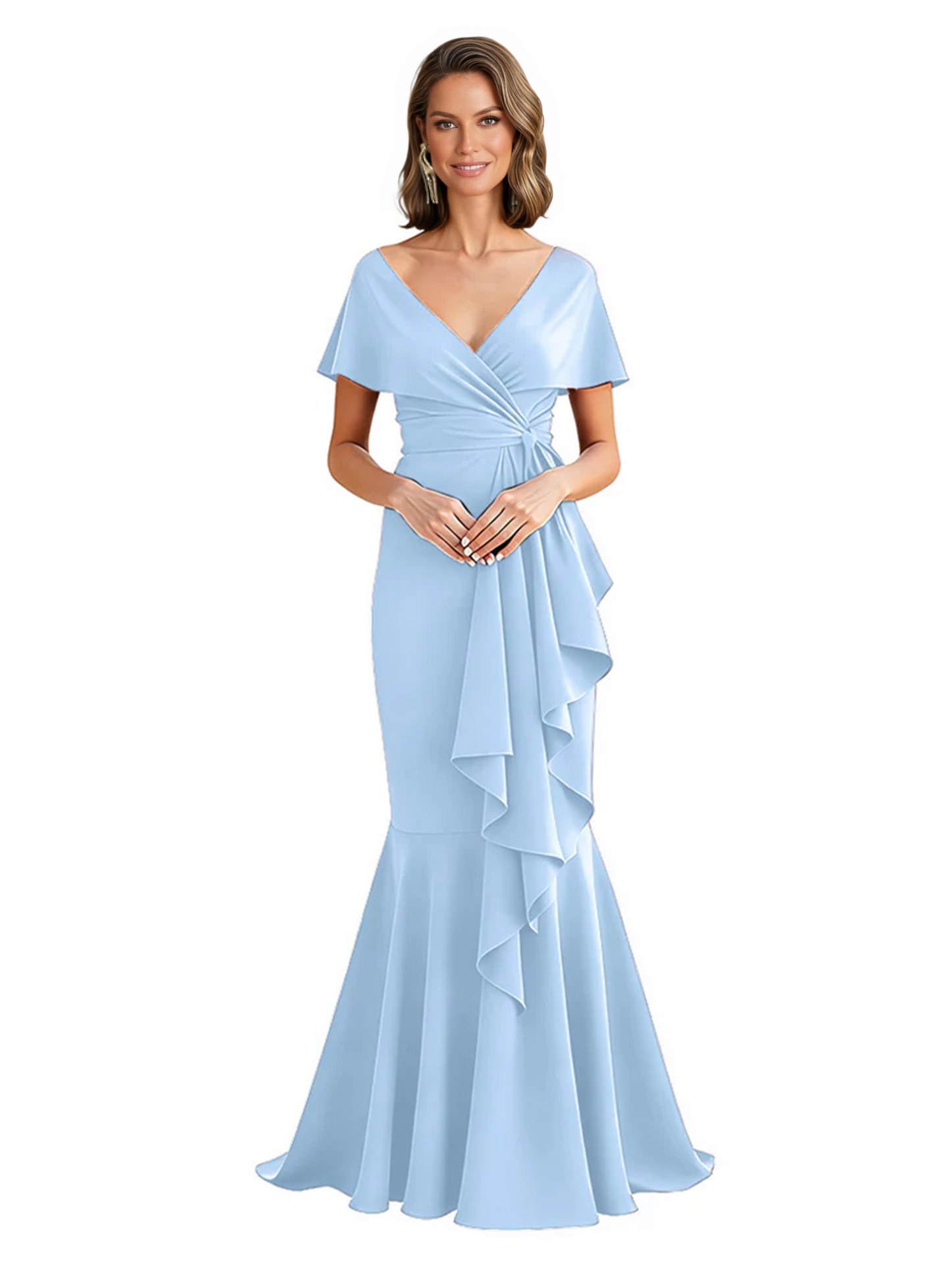 Satin Mother of the Bride Dress with Cascading Ruffles and Mermaid Tail V-Neck