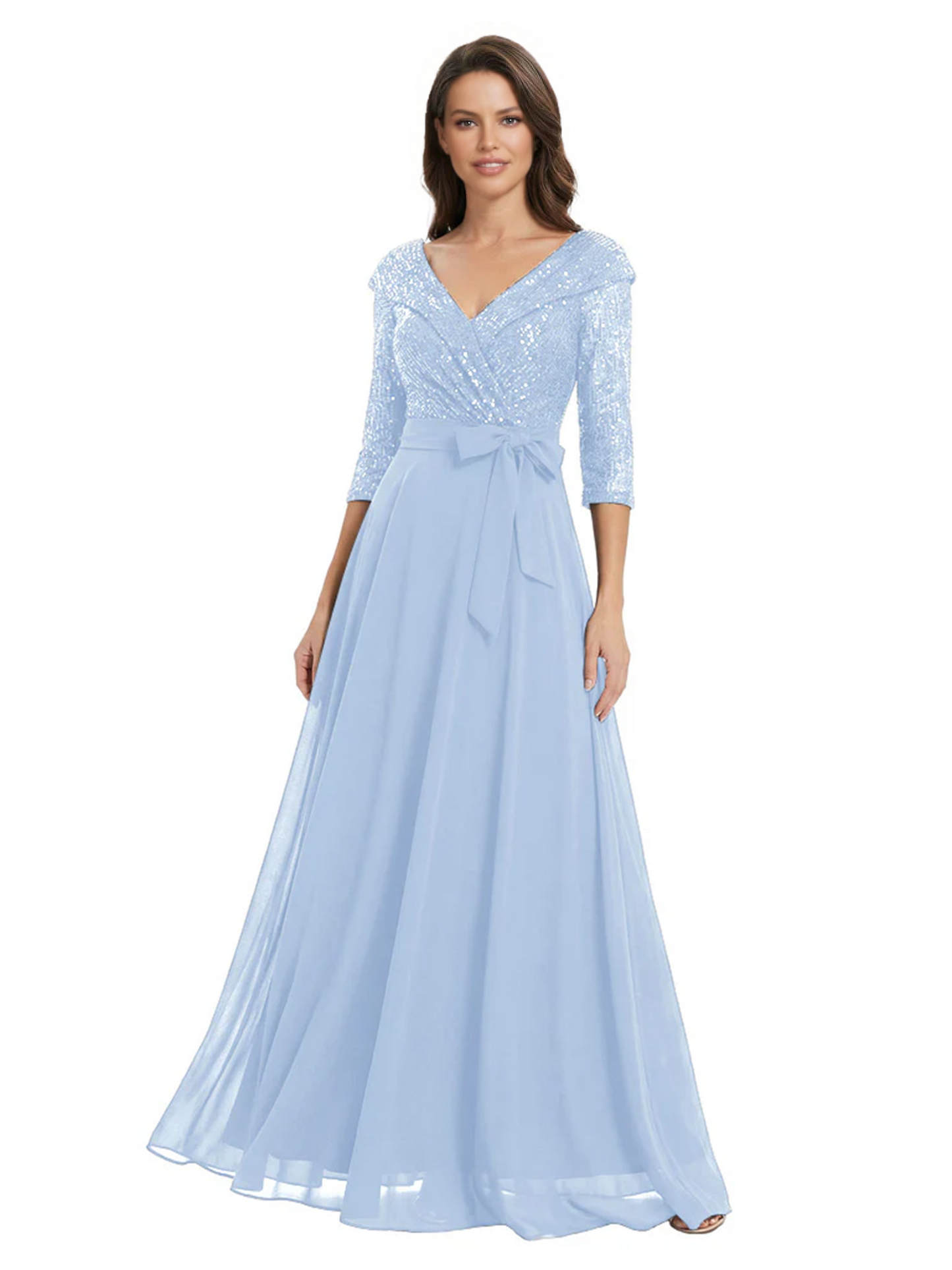 Chiffon Mother of the Bride Dress with Sequin V-Neck and Elegant Bow Sash