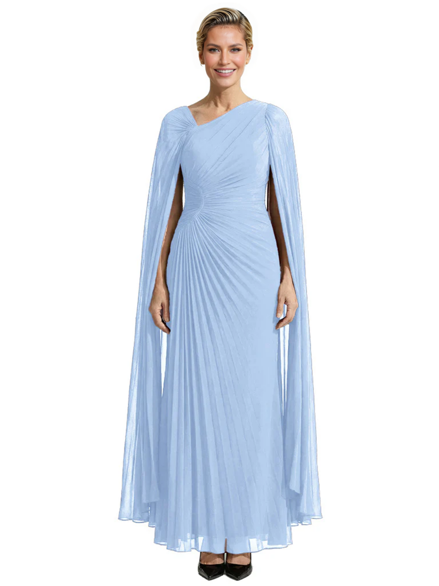 Elegant Asymmetric Neck Long A-Line Chiffon Mother of the Brides Dresses Mom Outfit with Cape
