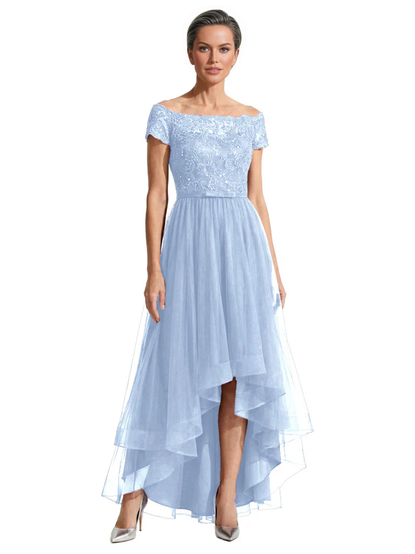 Formal High-Low Mother of the Bride Gown Short Sleeve Lace Maxi Dress with Tiered Skirt