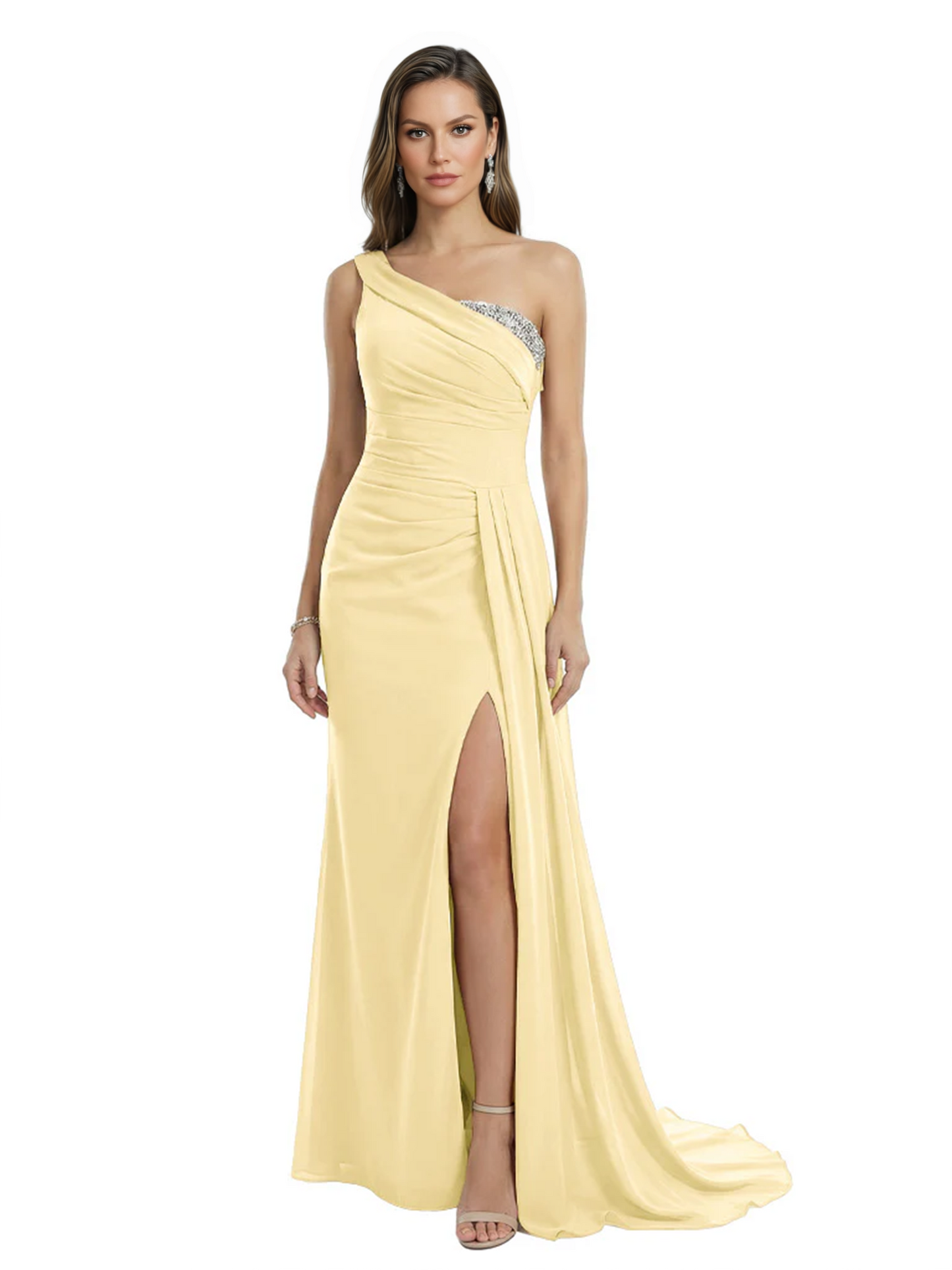 One Shoulder Mother of Bride Dress Ruffle Formal Gowns Mermaid Floor Length Train Slit