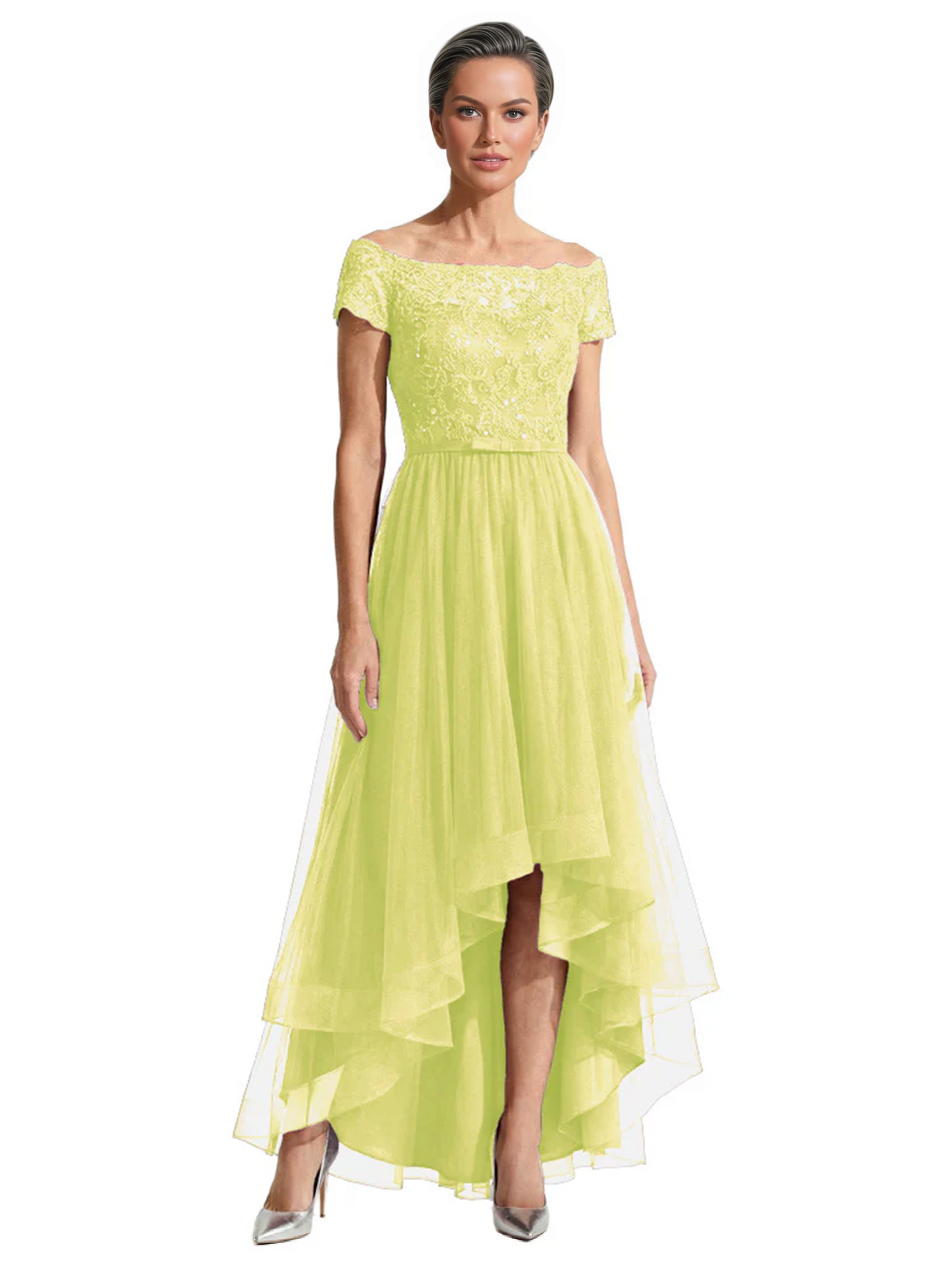 Formal High-Low Mother of the Bride Gown Short Sleeve Lace Maxi Dress with Tiered Skirt