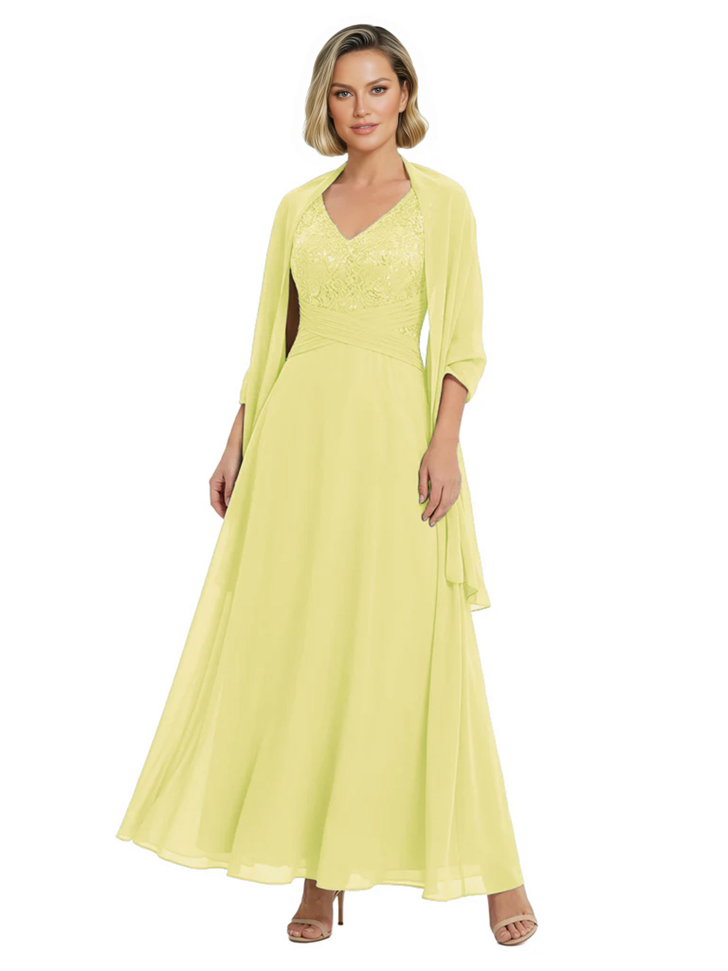 Luxury Formal Mother of Bride Dress Sparkling Sequin Top & Flowy Chiffon Skirt with Shawl