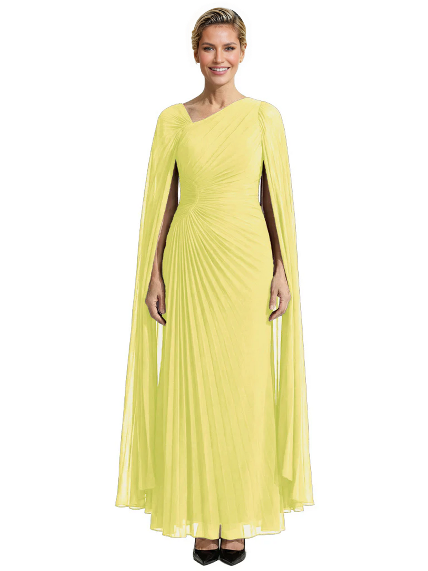 Elegant Asymmetric Neck Long A-Line Chiffon Mother of the Brides Dresses Mom Outfit with Cape