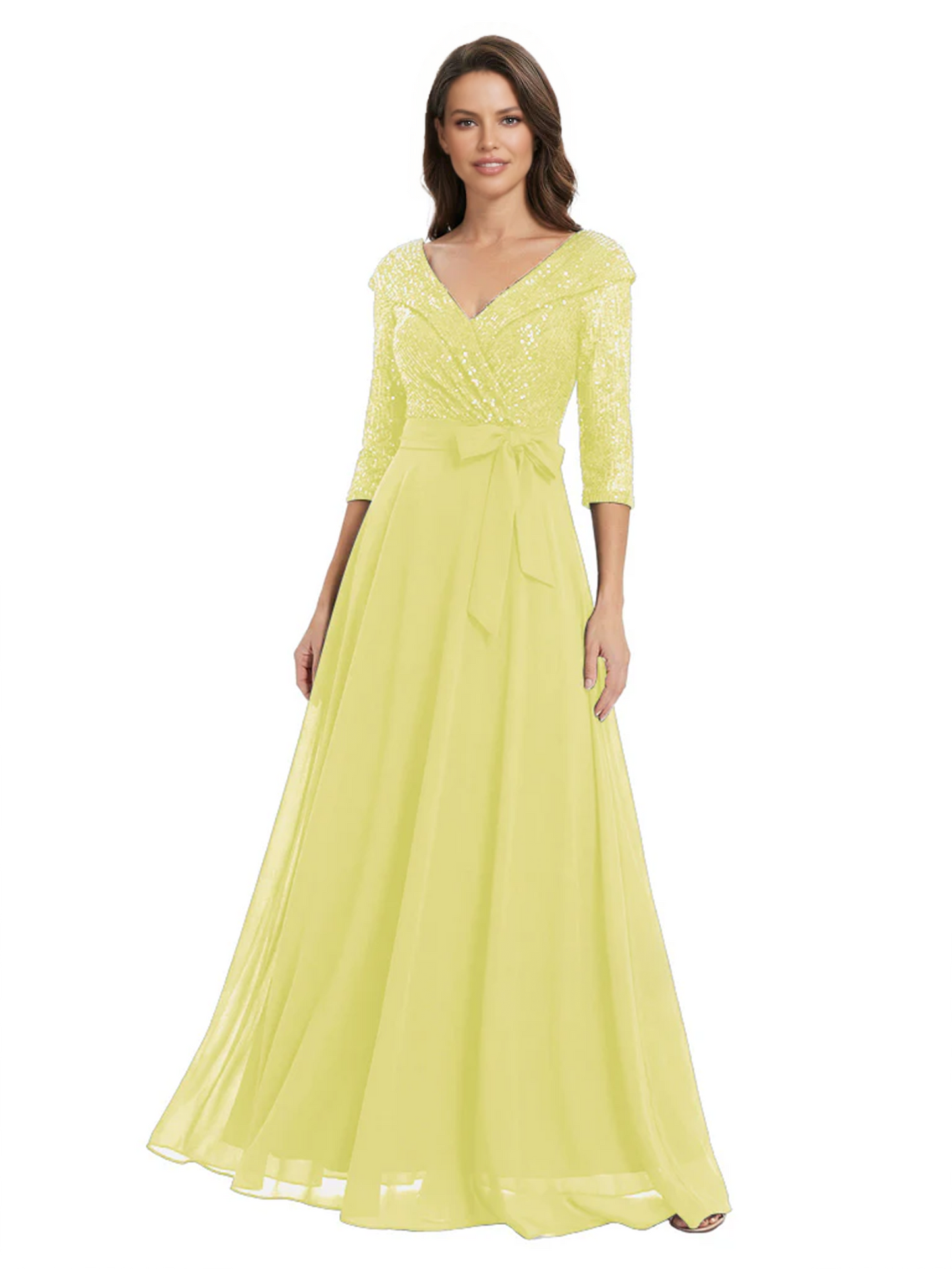 Chiffon Mother of the Bride Dress with Sequin V-Neck and Elegant Bow Sash