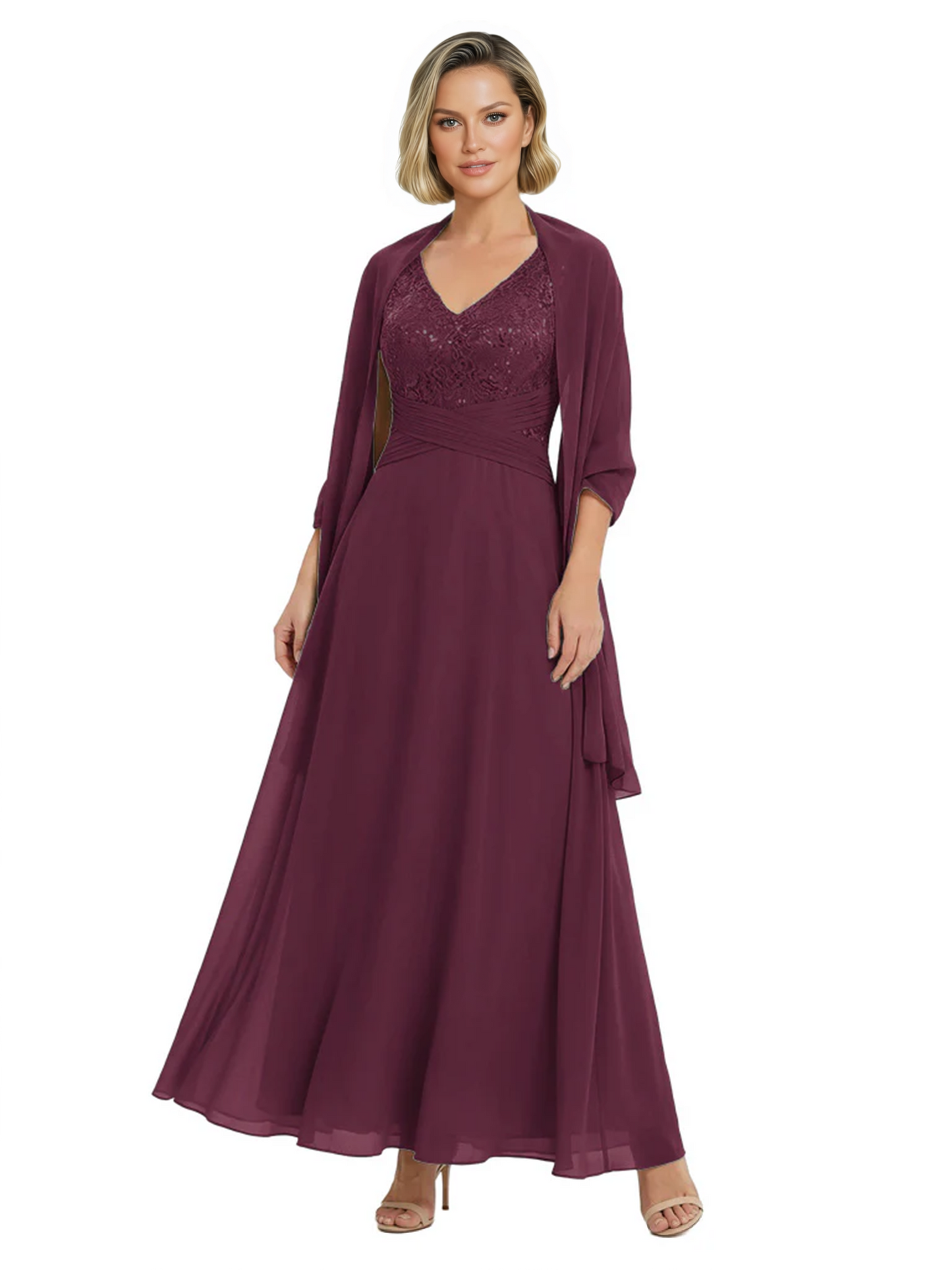 Luxury Formal Mother of Bride Dress Sparkling Sequin Top & Flowy Chiffon Skirt with Shawl
