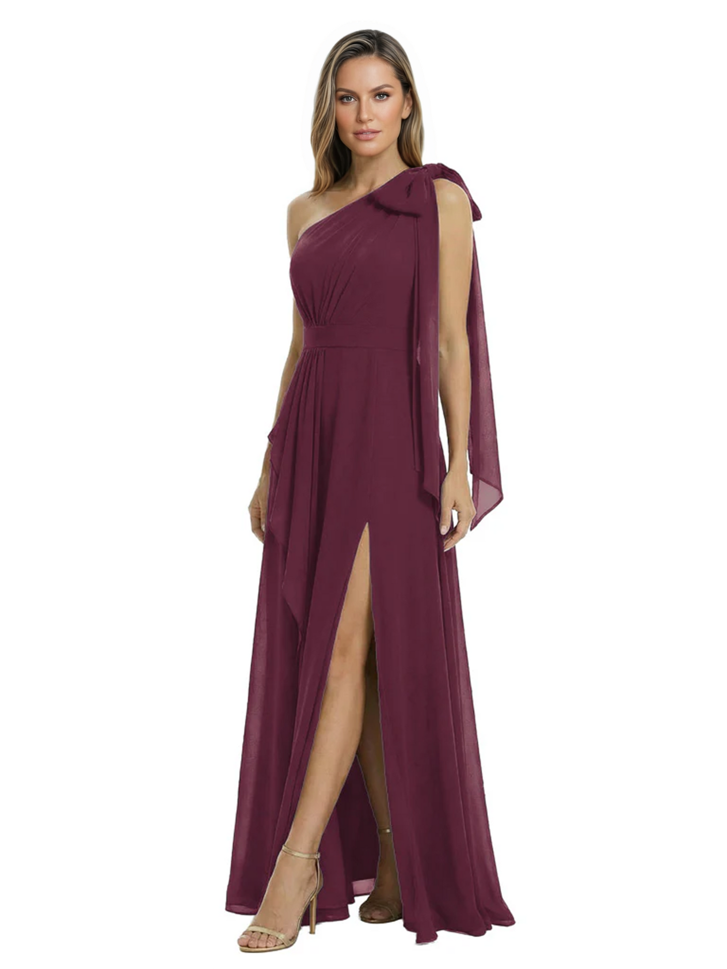 One-Shoulder Mother of the Bride Dress Chiffon Gown with Long Sash Detail