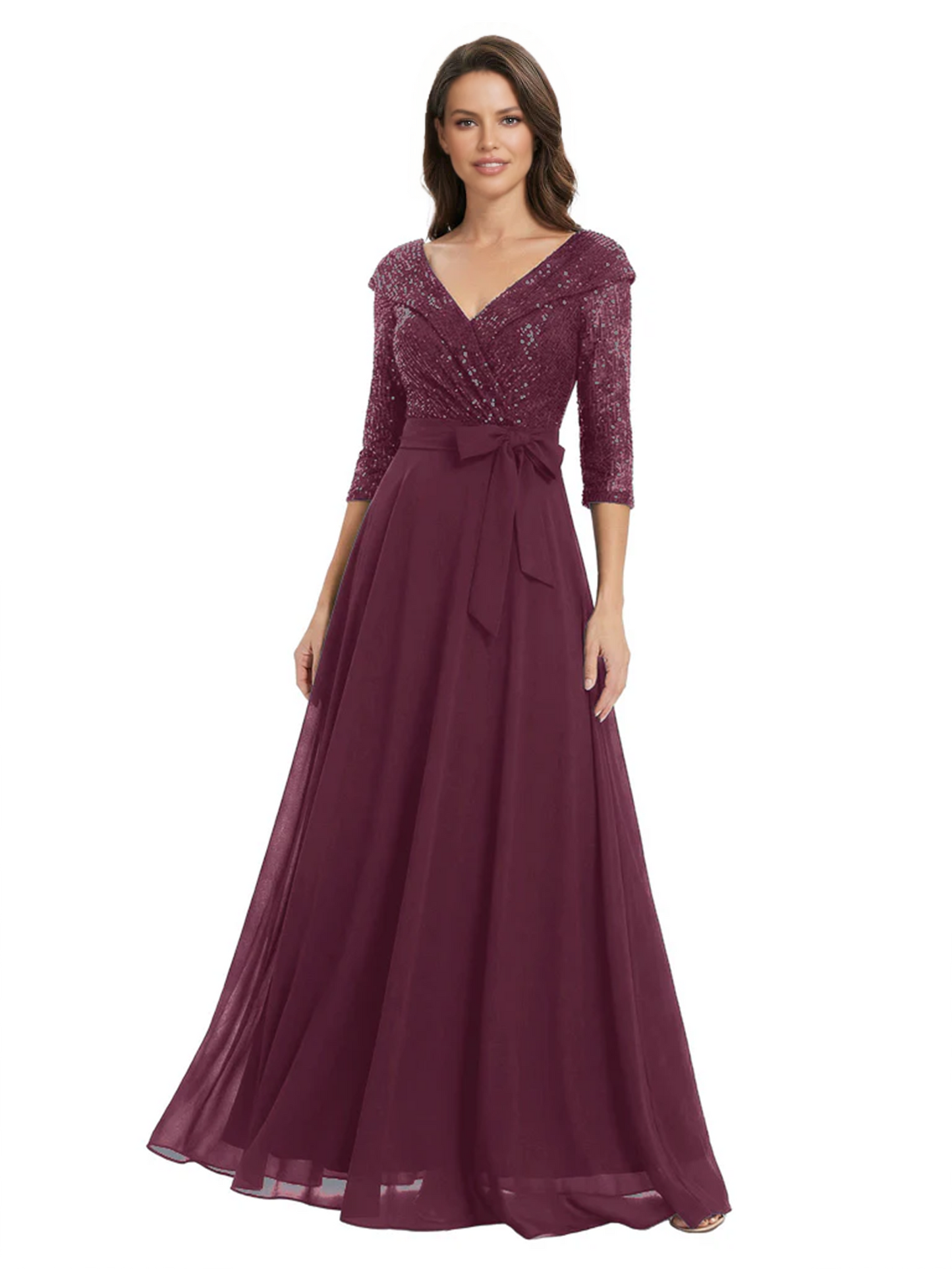 Chiffon Mother of the Bride Dress with Sequin V-Neck and Elegant Bow Sash