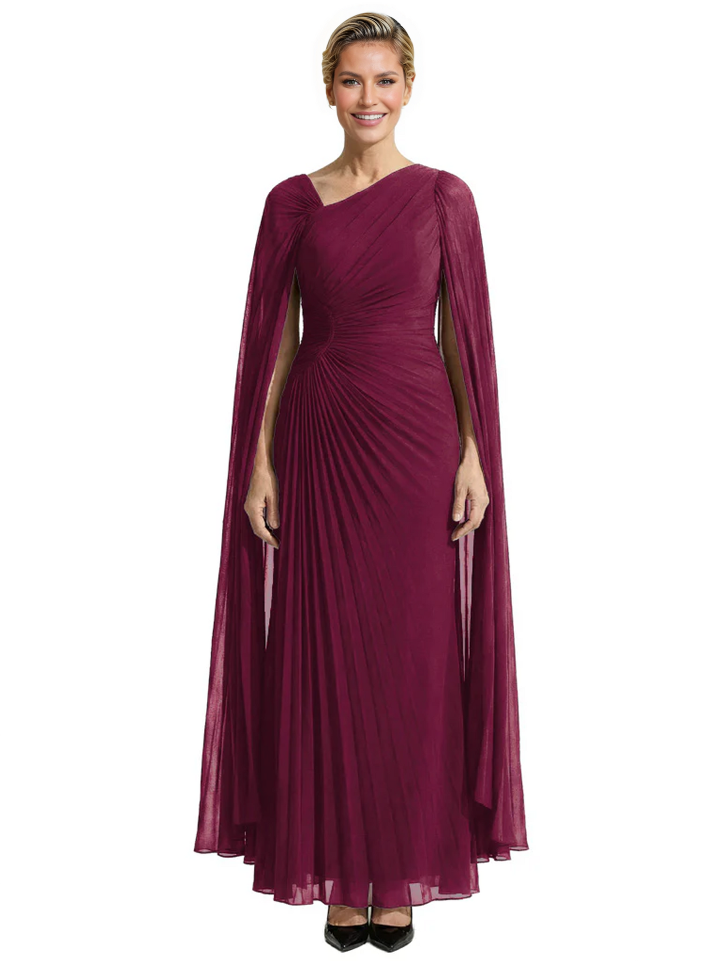 Elegant Asymmetric Neck Long A-Line Chiffon Mother of the Brides Dresses Mom Outfit with Cape