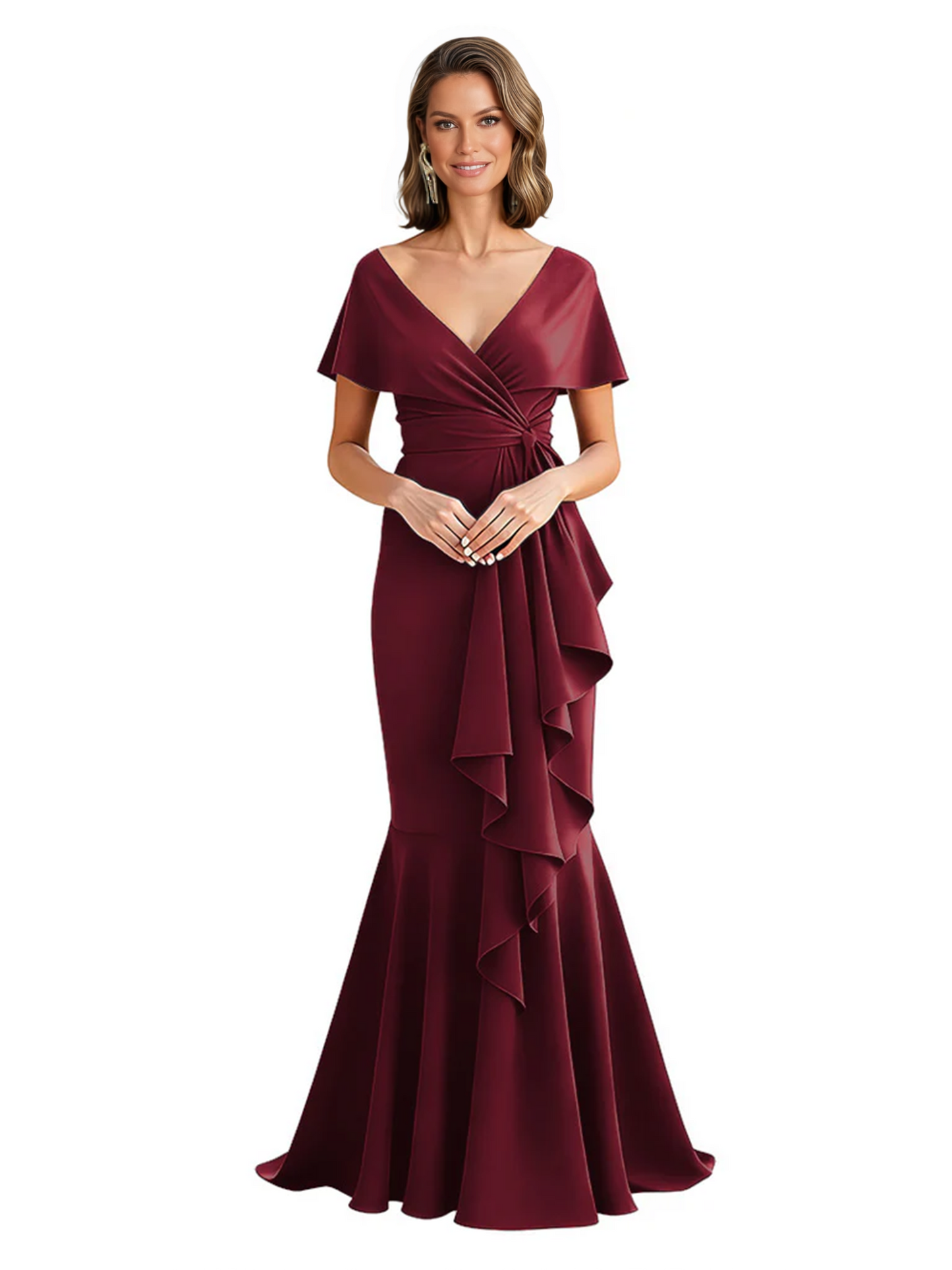Satin Mother of the Bride Dress with Cascading Ruffles and Mermaid Tail V-Neck