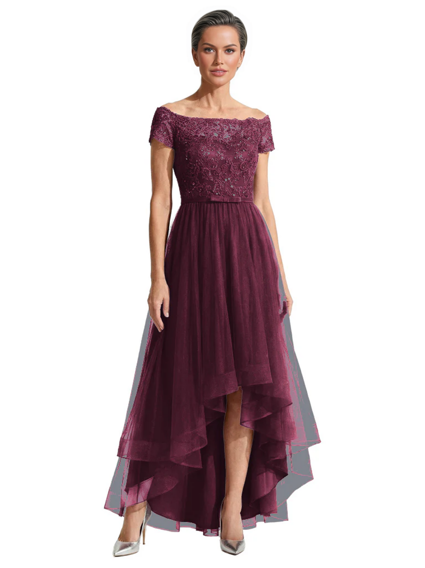 Formal High-Low Mother of the Bride Gown Short Sleeve Lace Maxi Dress with Tiered Skirt