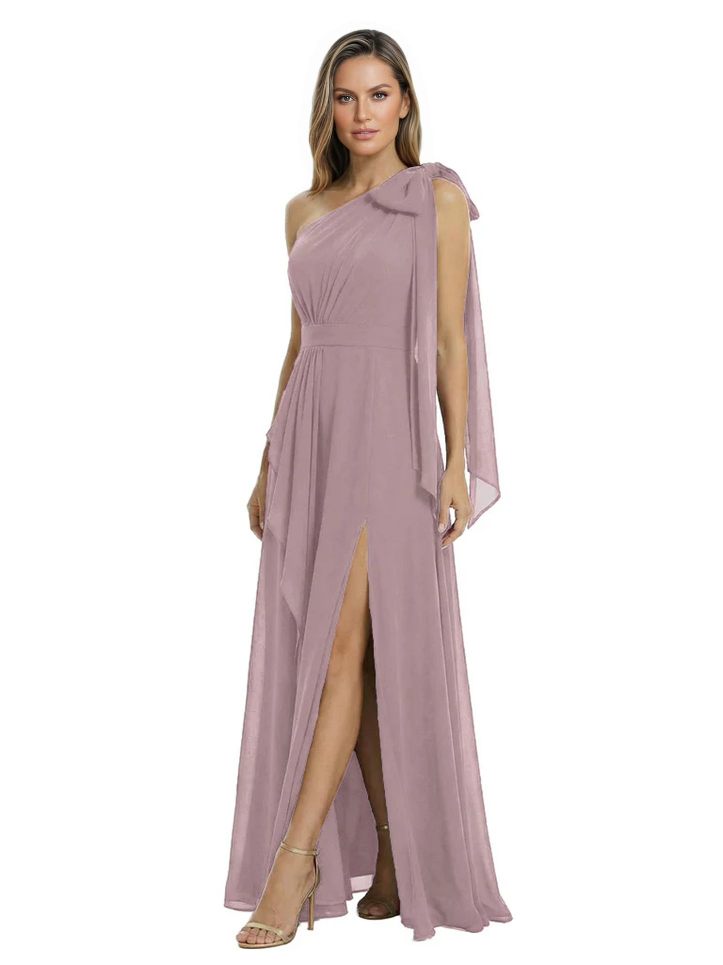 One-Shoulder Mother of the Bride Dress Chiffon Gown with Long Sash Detail