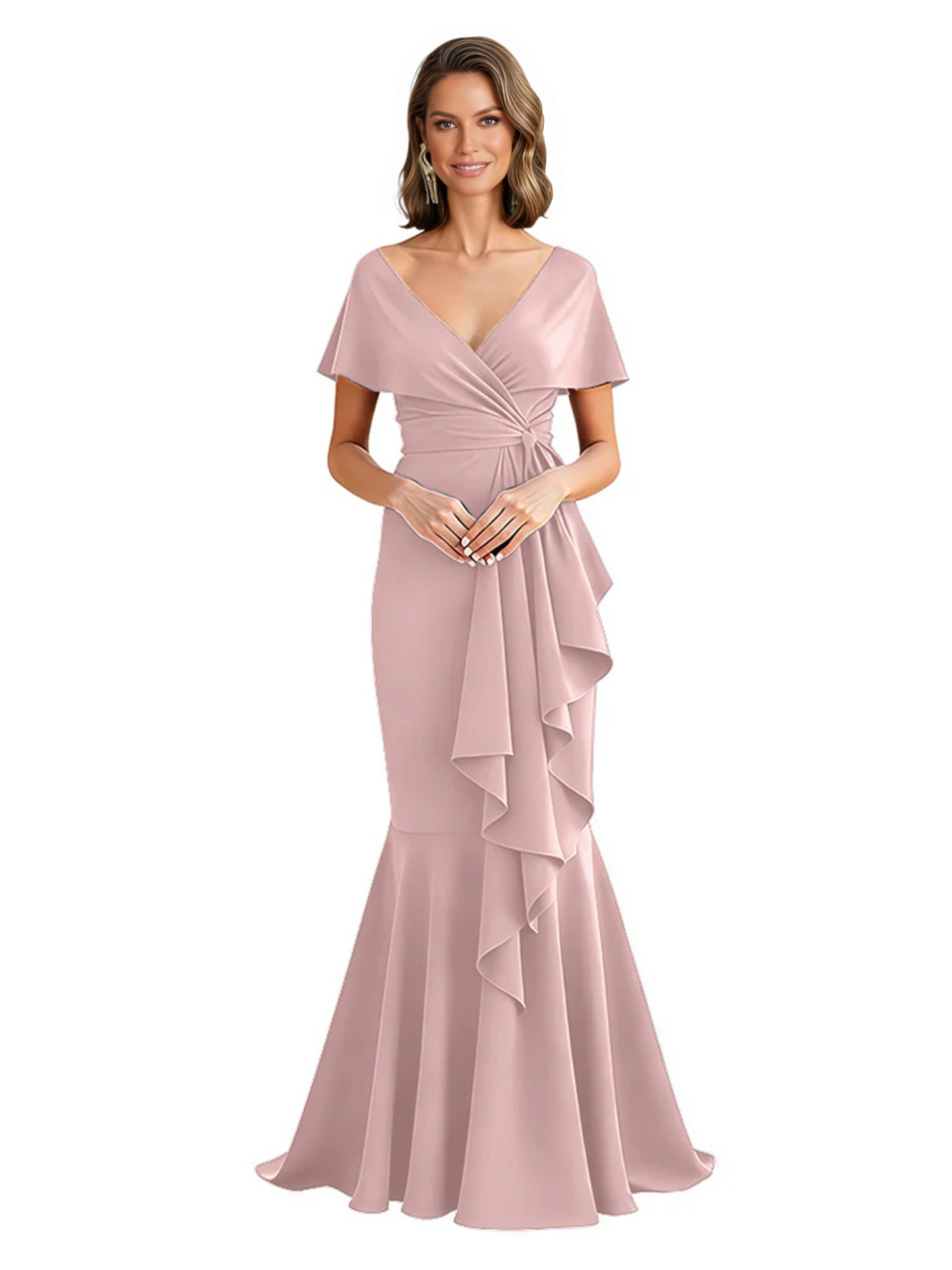 Satin Mother of the Bride Dress with Cascading Ruffles and Mermaid Tail V-Neck