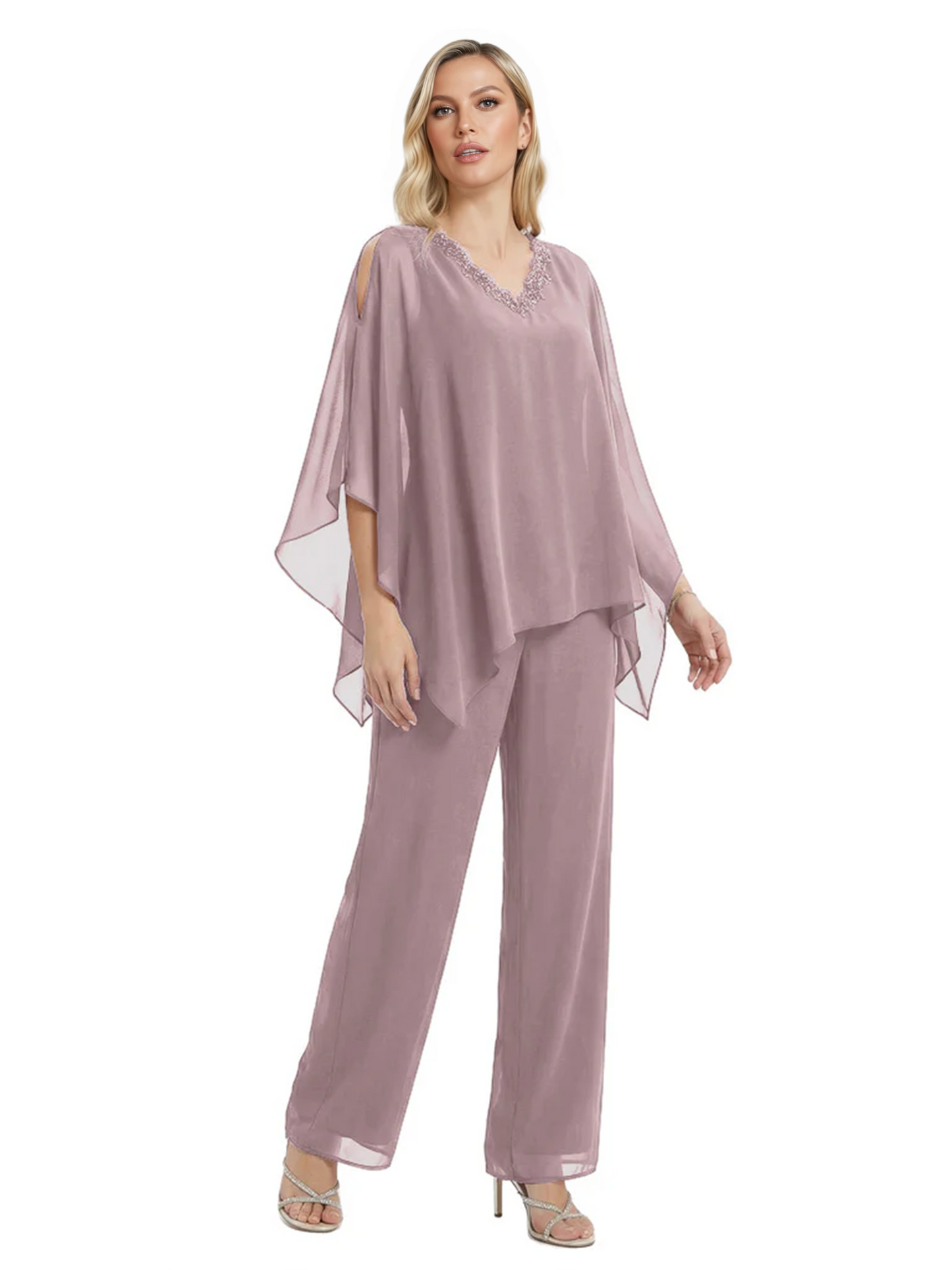 V-Neck Chiffon Mother of the Brides Dresses Plus Size Jacket Suits Wedding