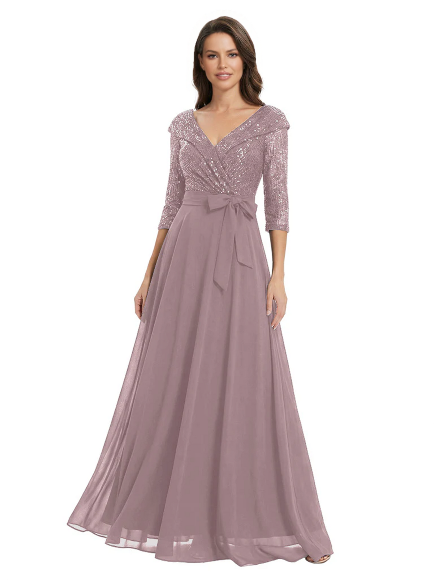 Chiffon Mother of the Bride Dress with Sequin V-Neck and Elegant Bow Sash