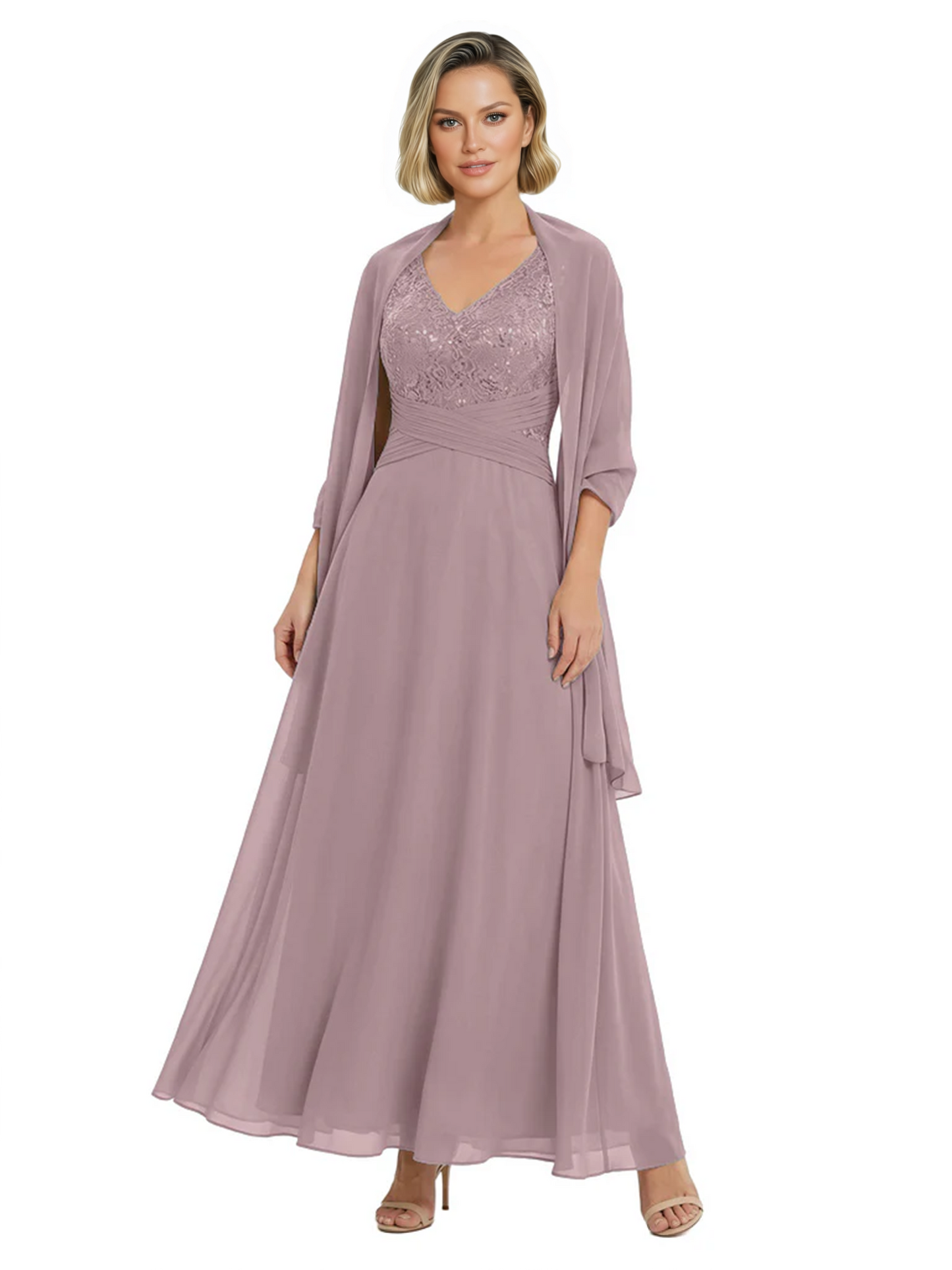 Luxury Formal Mother of Bride Dress Sparkling Sequin Top & Flowy Chiffon Skirt with Shawl