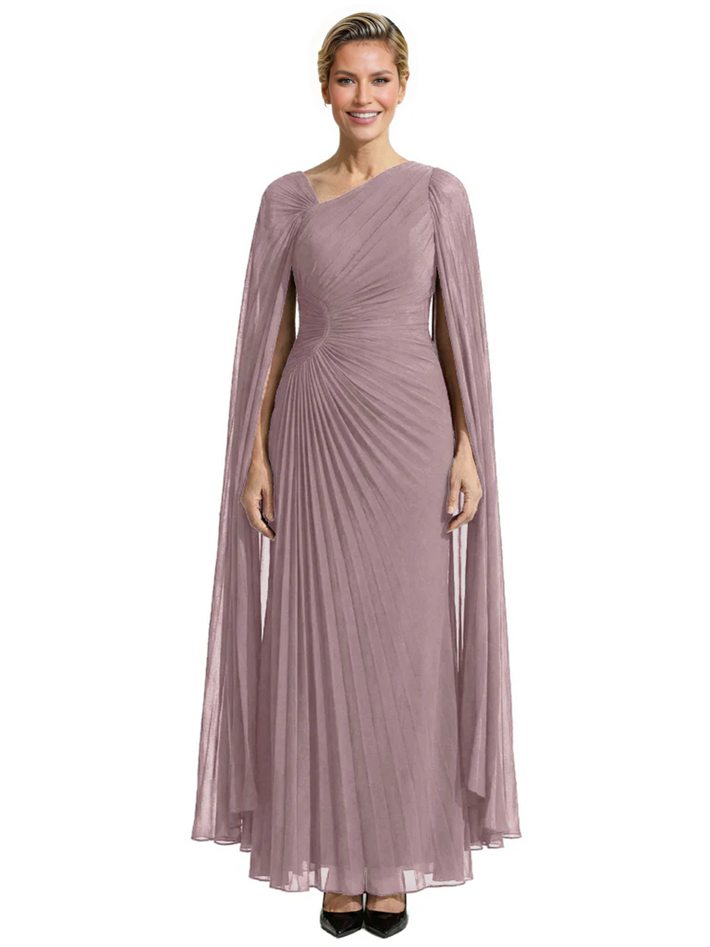 Elegant Asymmetric Neck Long A-Line Chiffon Mother of the Brides Dresses Mom Outfit with Cape