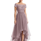 Formal High-Low Mother of the Bride Gown Short Sleeve Lace Maxi Dress with Tiered Skirt