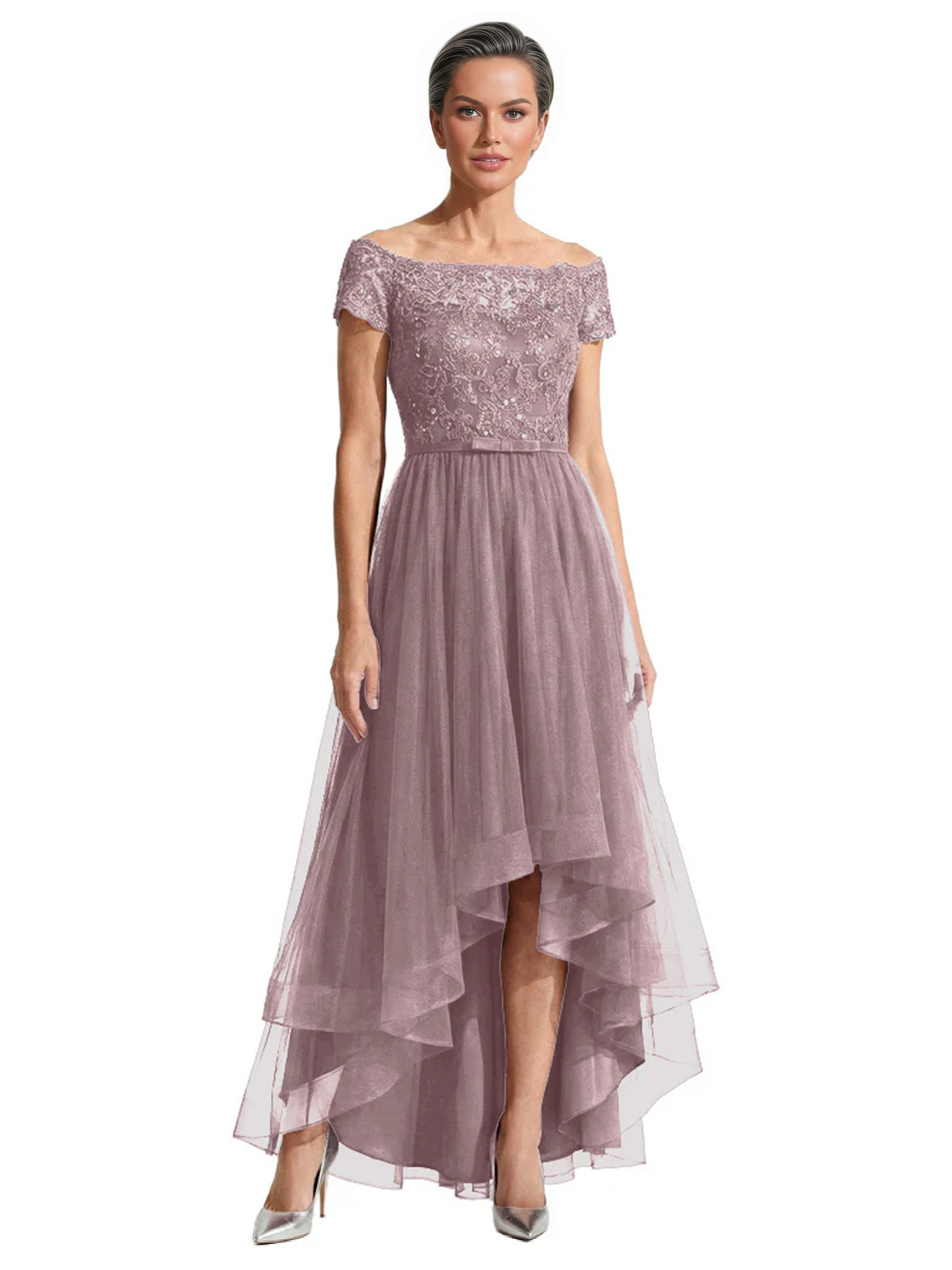 Formal High-Low Mother of the Bride Gown Short Sleeve Lace Maxi Dress with Tiered Skirt