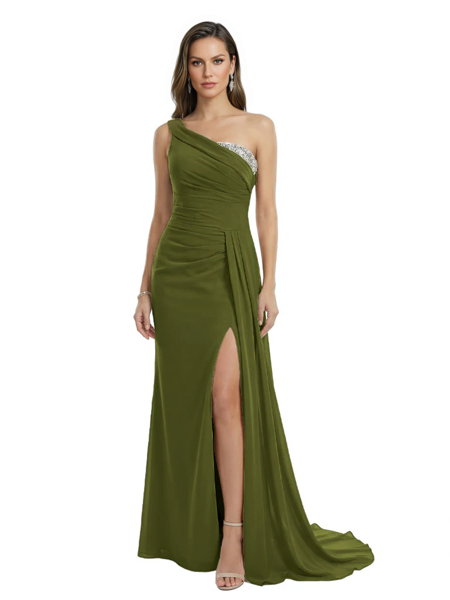 One Shoulder Mother of Bride Dress Ruffle Formal Gowns Mermaid Floor Length Train Slit