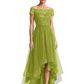 Formal High-Low Mother of the Bride Gown Short Sleeve Lace Maxi Dress with Tiered Skirt