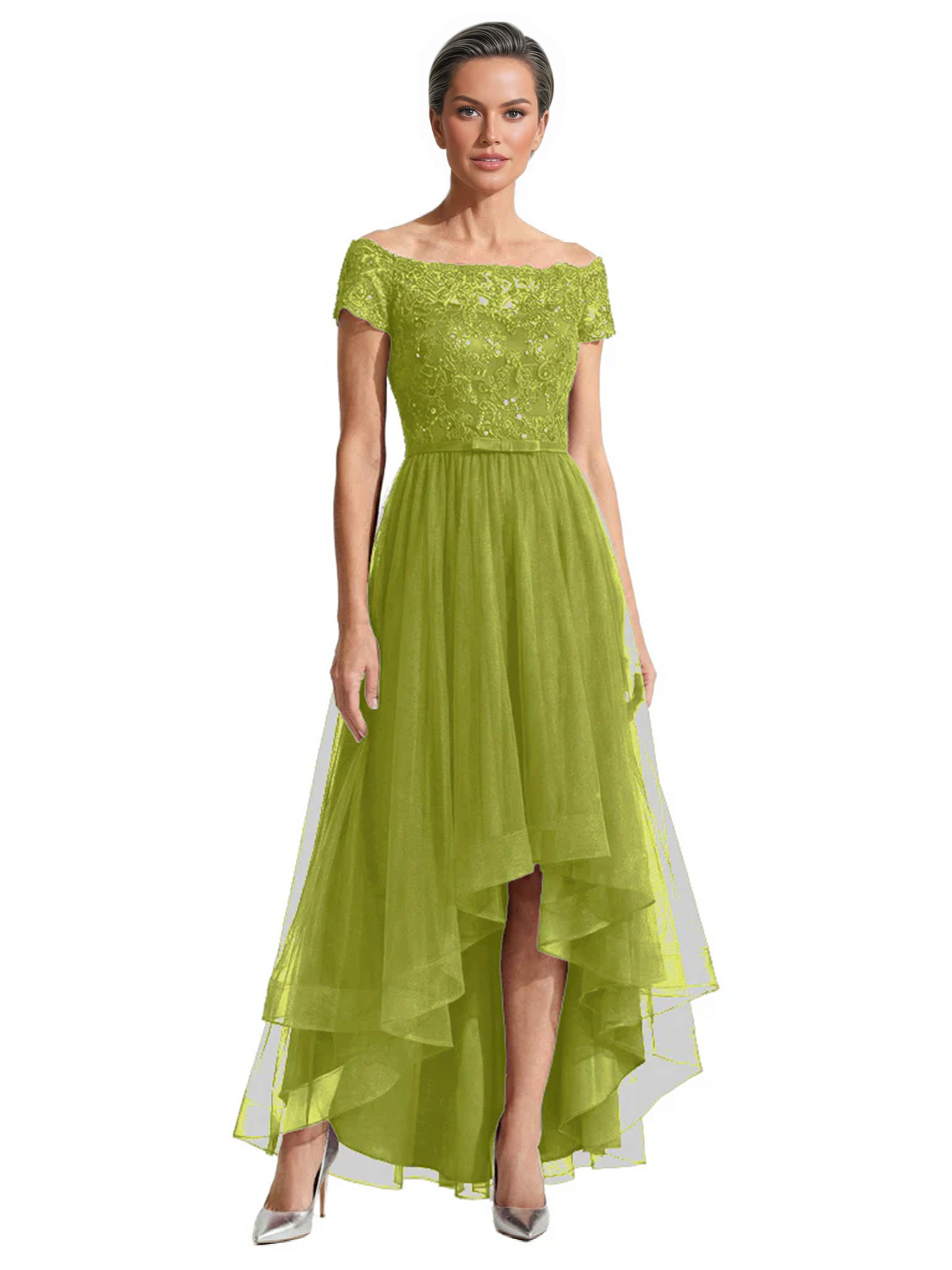 Formal High-Low Mother of the Bride Gown Short Sleeve Lace Maxi Dress with Tiered Skirt
