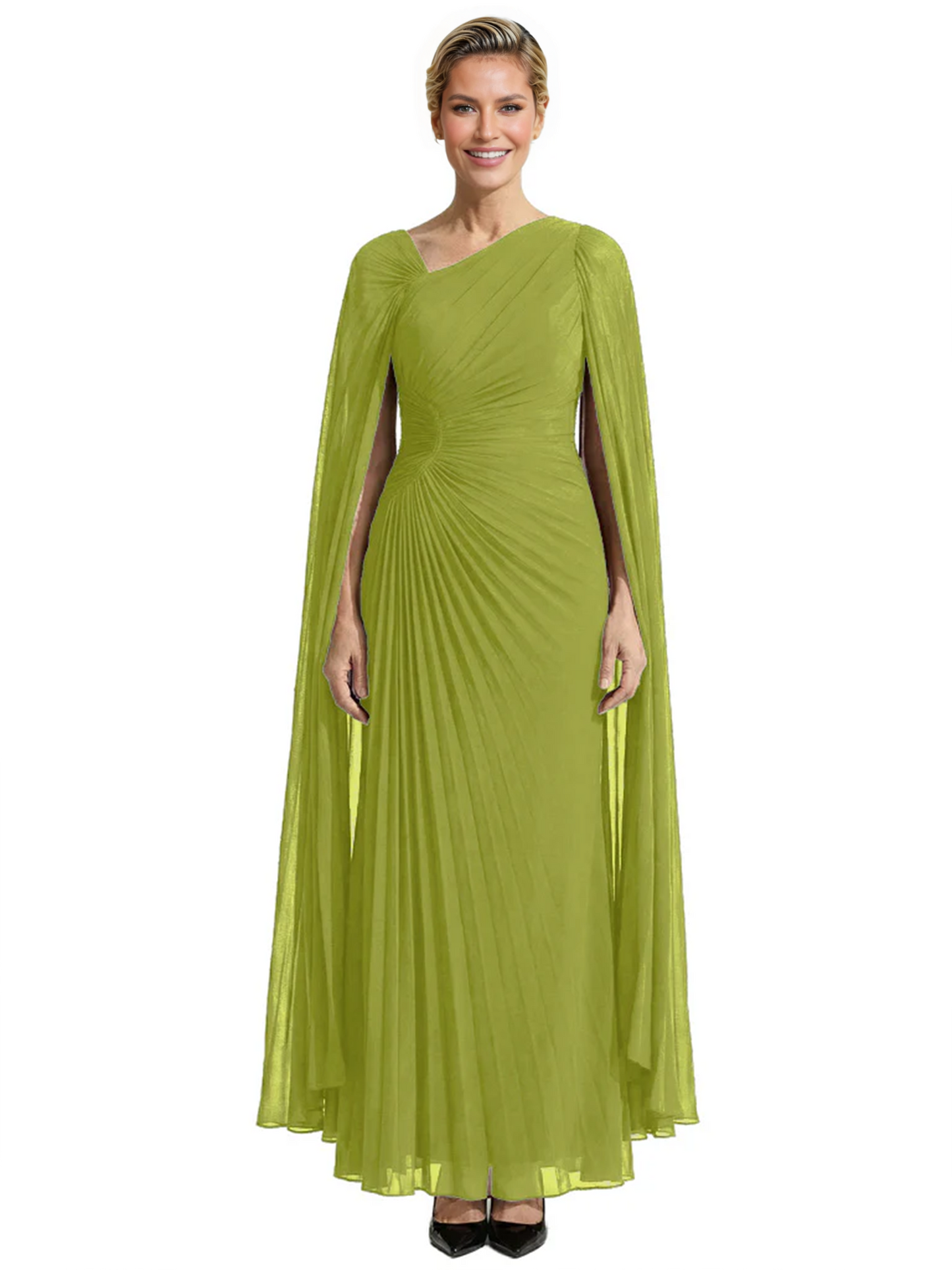 Elegant Asymmetric Neck Long A-Line Chiffon Mother of the Brides Dresses Mom Outfit with Cape