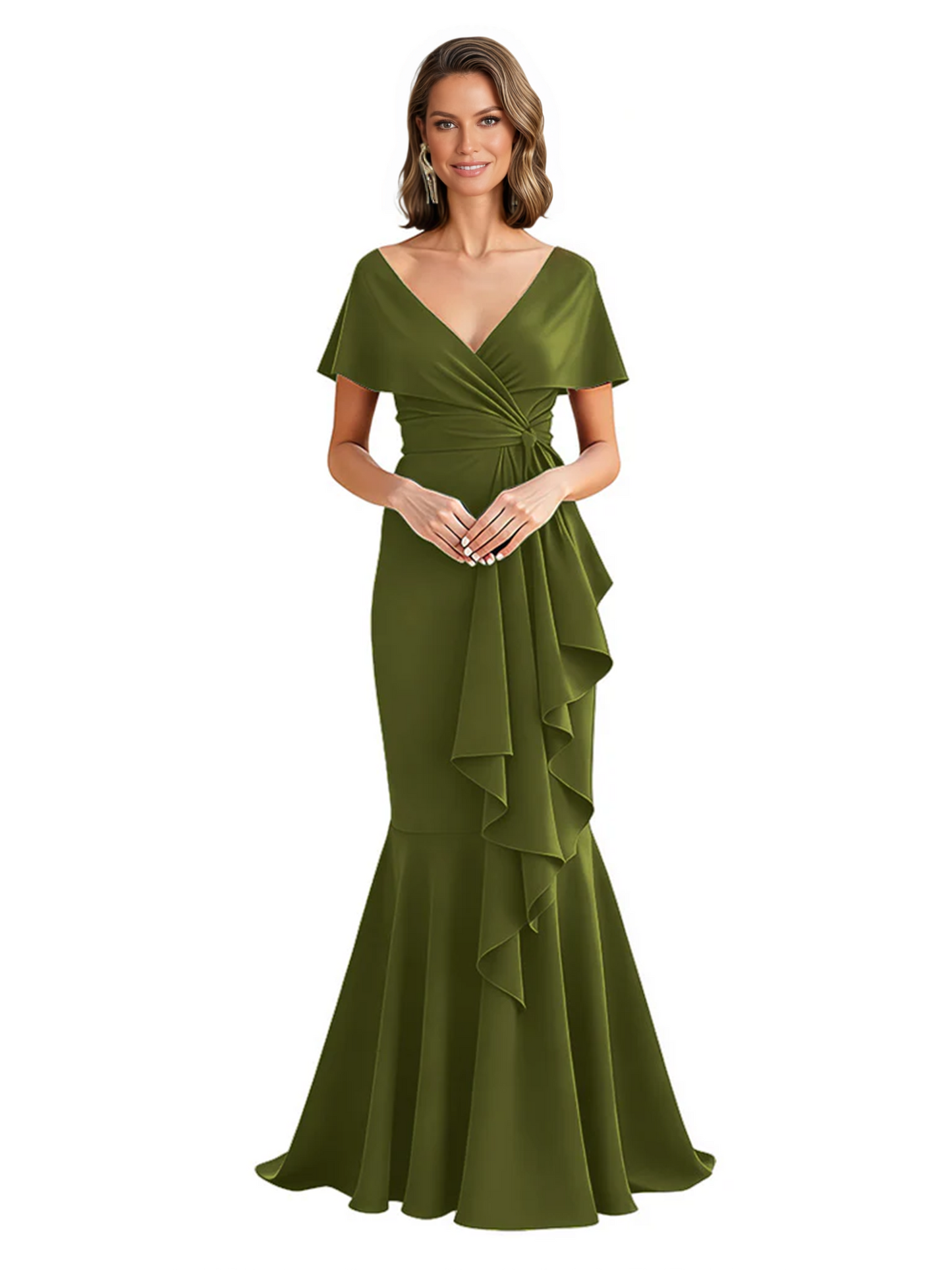 Satin Mother of the Bride Dress with Cascading Ruffles and Mermaid Tail V-Neck