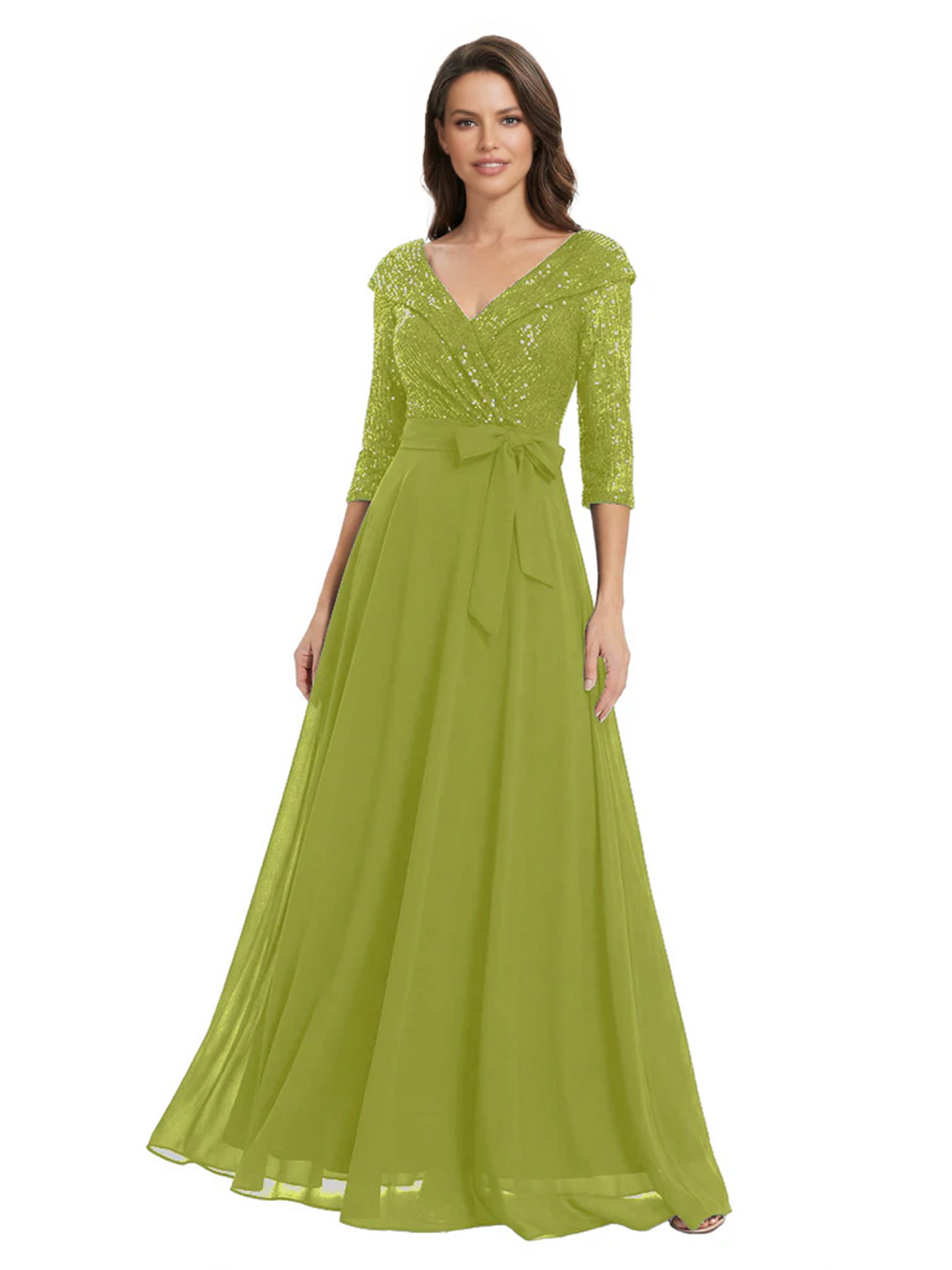 Chiffon Mother of the Bride Dress with Sequin V-Neck and Elegant Bow Sash