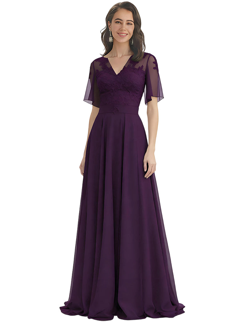 Lace Floor Length Mother of The Bride Dresses Long V-Neck Wedding Mom Dress