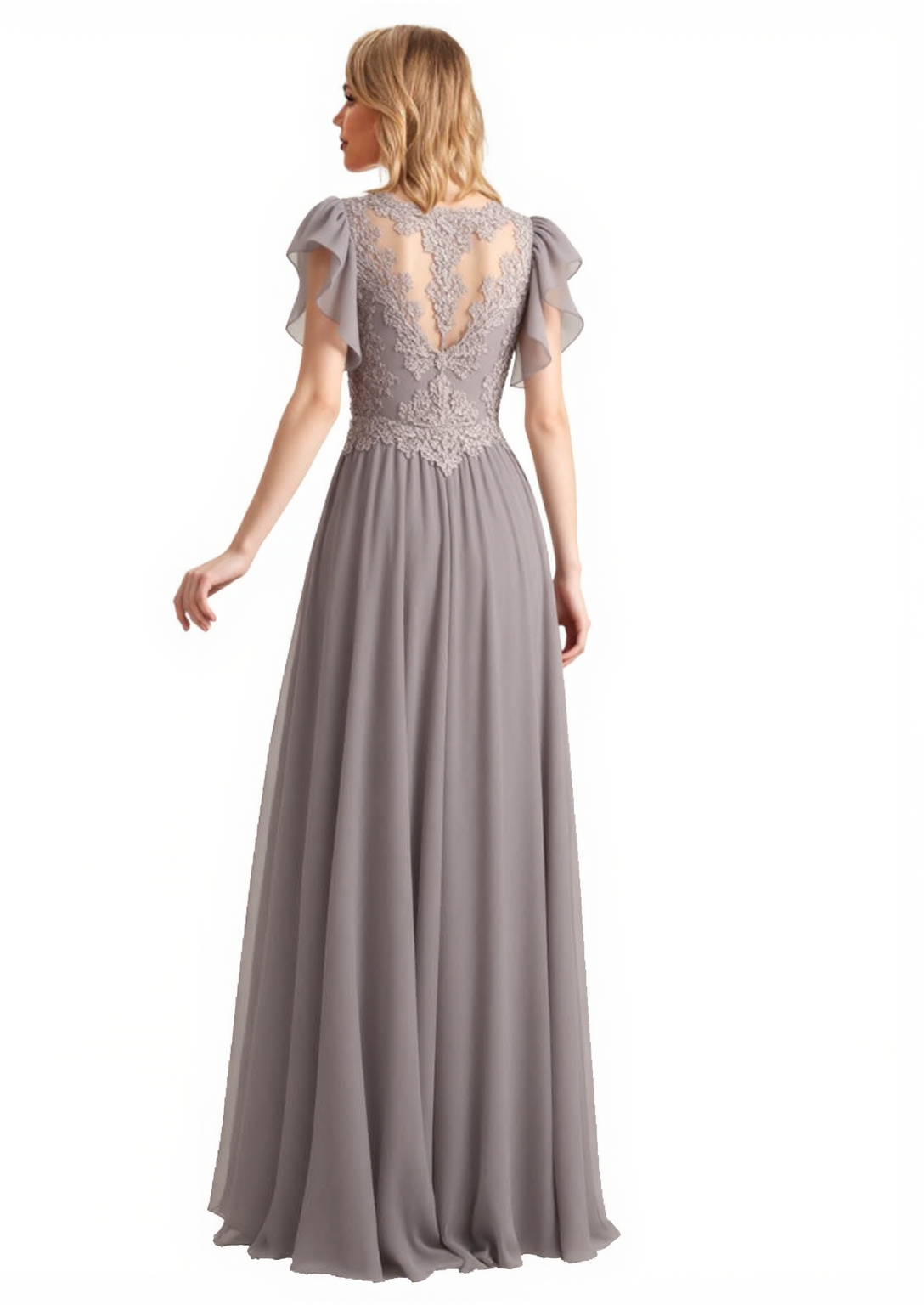 A-line Elegant Mother of The Bride Dress Evening Illusion Lace Long Chiffon