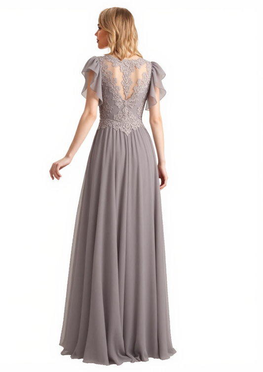 A-line Elegant Mother of The Bride Dress Evening Illusion Lace Long Chiffon