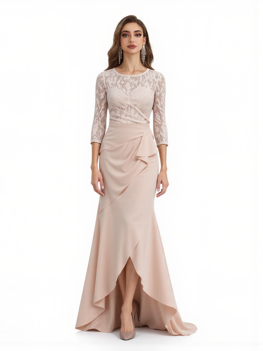 Long A-line Elegant Mother of The Bride Dress Evening Illusion Lace Ruffle Slit