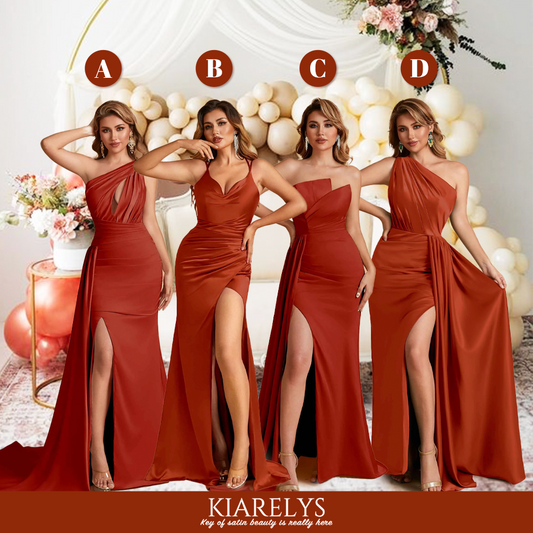 Rust Mismatched Sexy Satin Trendy Long Wedding Guest Dresses