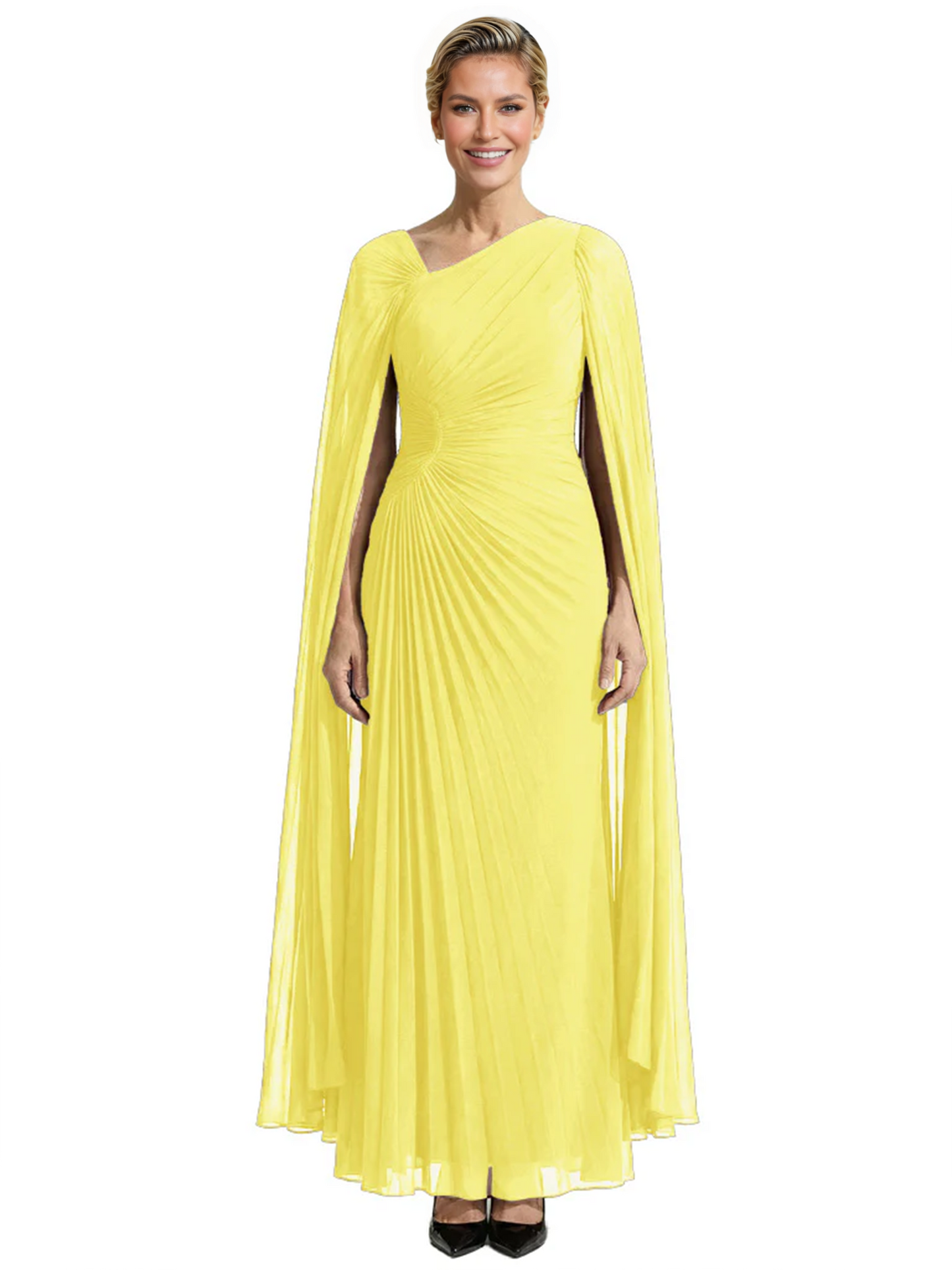 Elegant Asymmetric Neck Long A-Line Chiffon Mother of the Brides Dresses Mom Outfit with Cape