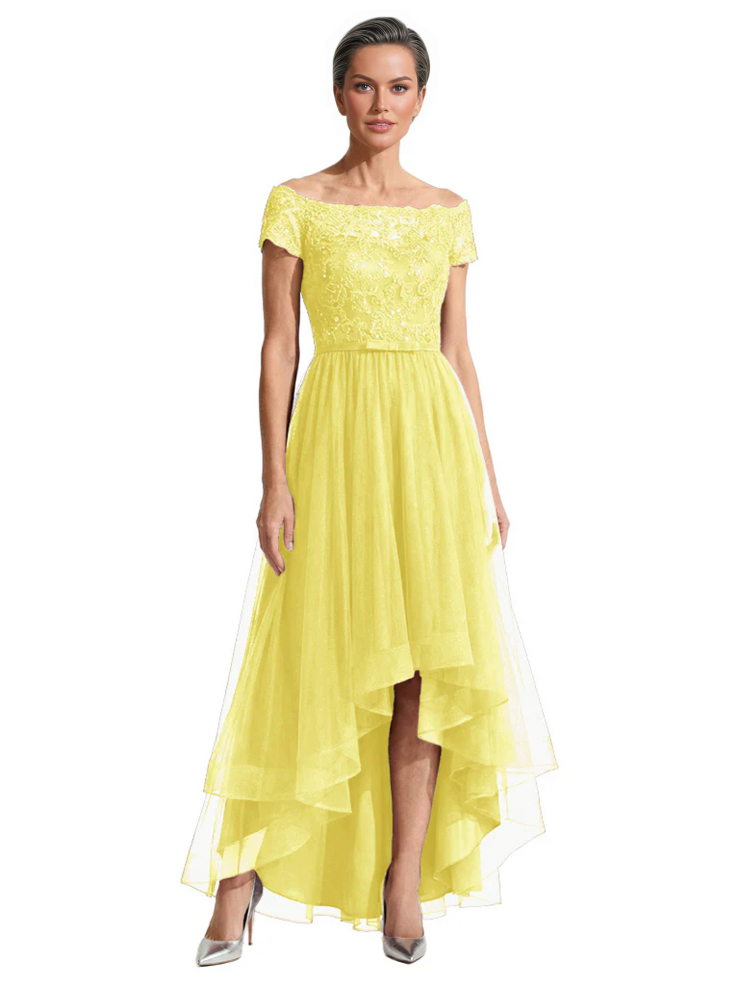 Formal High-Low Mother of the Bride Gown Short Sleeve Lace Maxi Dress with Tiered Skirt