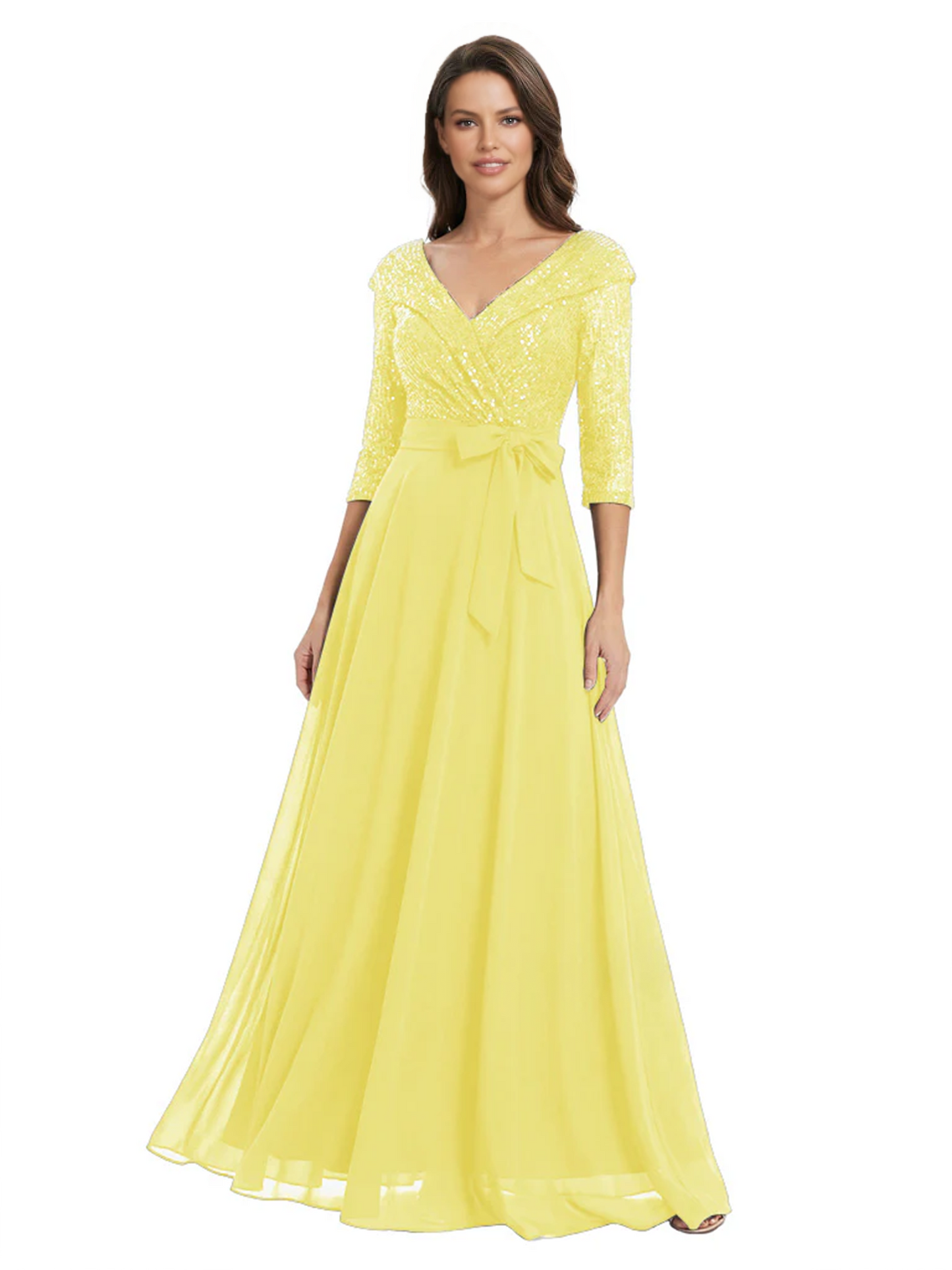 Chiffon Mother of the Bride Dress with Sequin V-Neck and Elegant Bow Sash