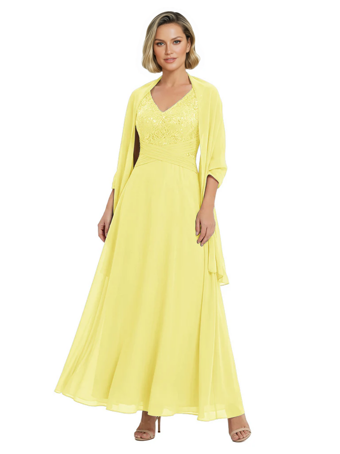 Luxury Formal Mother of Bride Dress Sparkling Sequin Top & Flowy Chiffon Skirt with Shawl