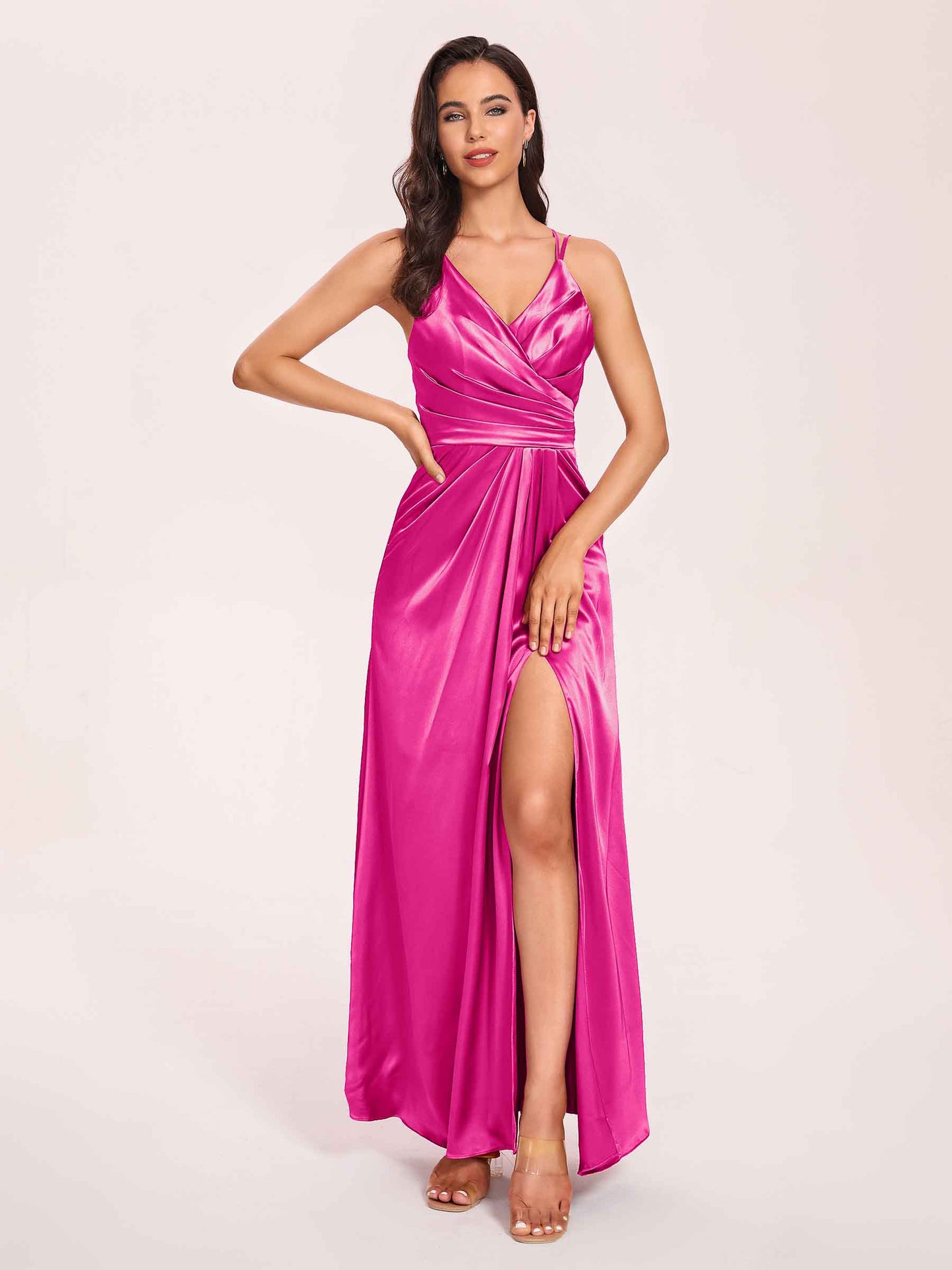 Sexy Satin A-line Bridesmaid Dresses Spaghetti Straps Side Slit V-neck Floor Length