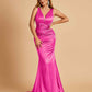 Sexy Satin Criss-cross Back Prom Dresses Mermaid Deep V-neck Back Pleats Floor Length