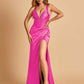 Sexy Sweetheart Sheath Prom Dresses Spaghetti Straps Satin Side Slit Pleats Floor Length