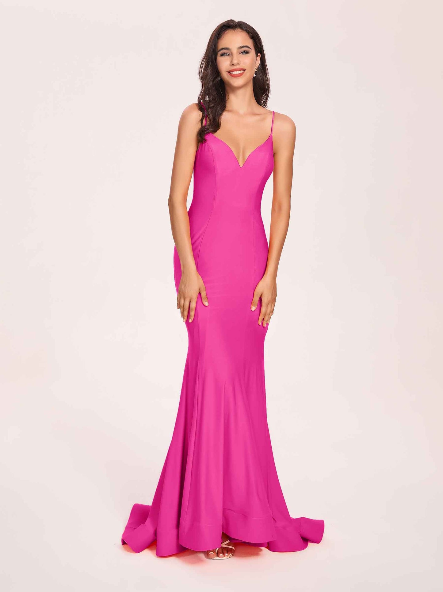 Sexy Satin Mermaid Prom Dresses Spaghetti Straps V-neck Floor Length Lace-up Back