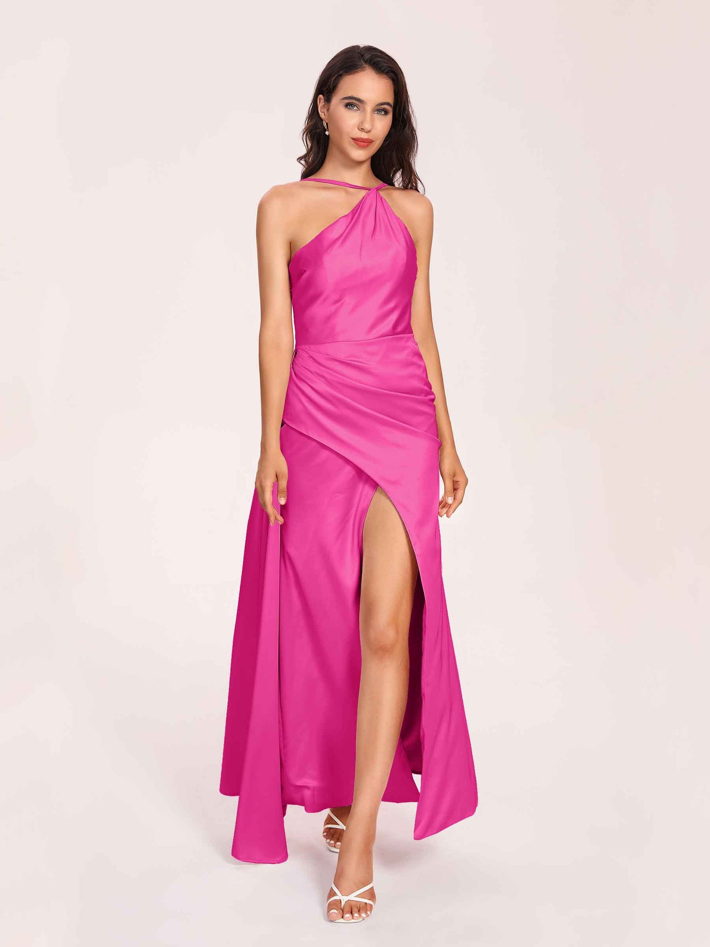 Sexy Satin Halter Strap Sheath Bridesmaid Dresses Side Slit Pleats Floor Length