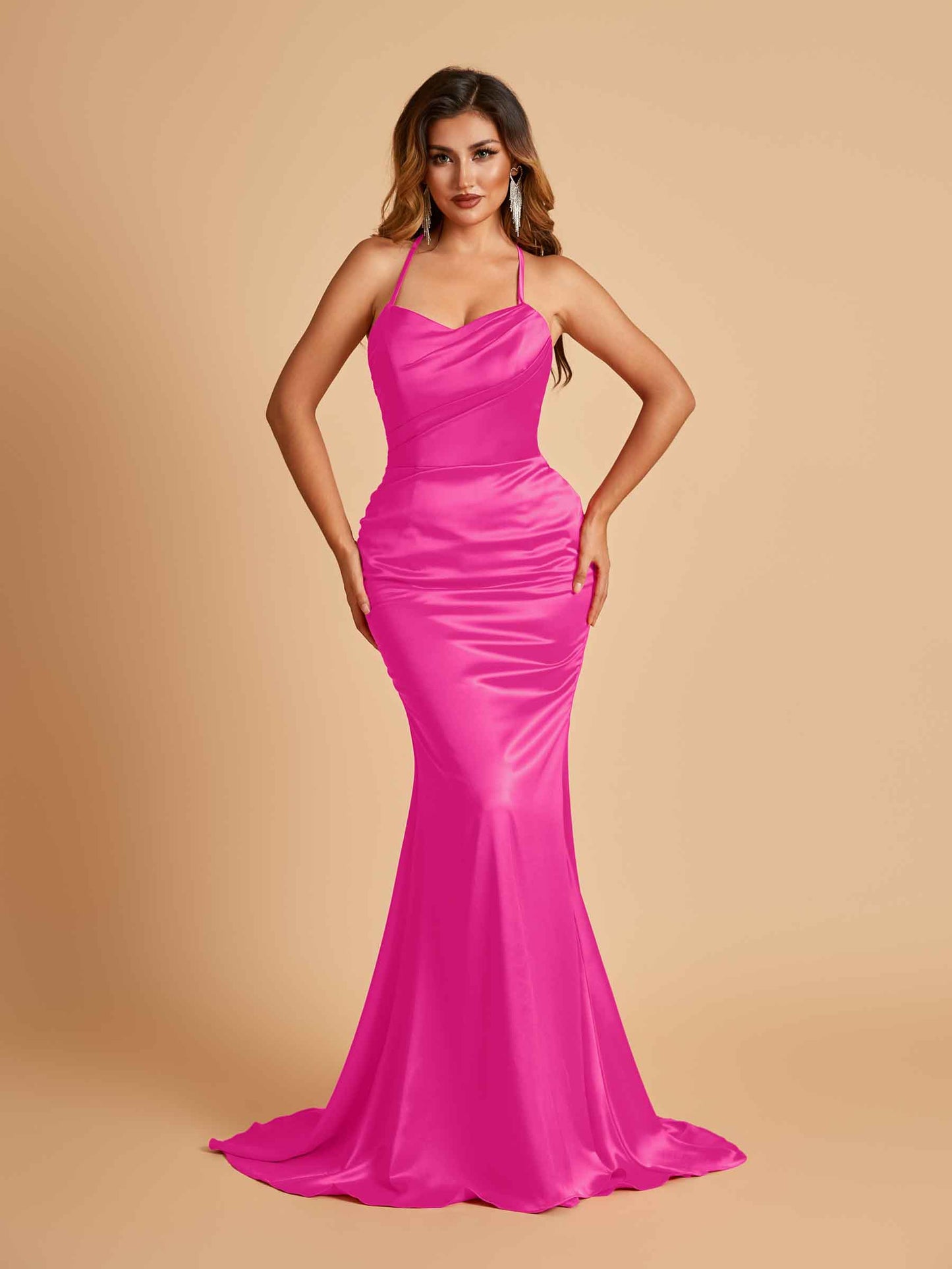 Sexy Satin Mermaid Bridesmaid Dresses Spaghetti Straps Scoop Criss-cross Back