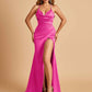 Sexy Satin Mermaid Prom Dresses Spaghetti Straps Sweetheart Side Slit Criss-cross Back