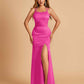 Satin Mermaid Long Bridesmaid Dresses Spaghetti Straps Scoop Side Slit Criss-cross Back