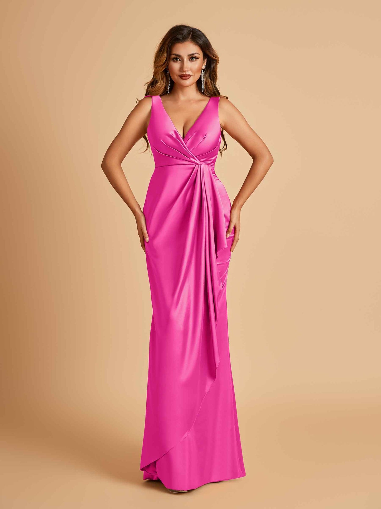 Sexy Satin Sheath V-neck Prom Dresses Strapless Floor Length