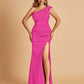 Satin One-shoulder Bridesmaid Dresses Mermaid Side Slit Sleeveless Floor Length